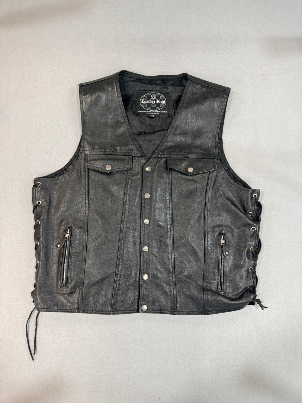 Leather King Men's Black Leather Biker Vest with Lace-Up Sides